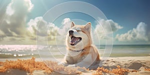 Beach Barks Cute Smiling Shiba Inu Dog Posing with a Funny Expression. Generative AI