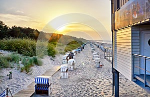 Beach with beach chairs on the pier in Zinnowitz. Usedom Island