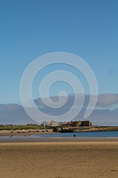 The beach at Beadnell Bay look towards the lime kilns & Harbour