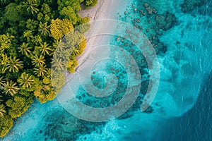 Beach with beautiful coastline. Aerial view of tropical paradise with turquoise waters, green palm trees, white sand