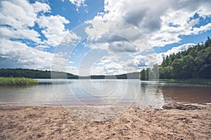 Beach by a beautiful forest lake