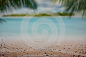 Beach behind foggy glass drop on glass landscape, palm, lagoon, coconut, tourism, relax, coast, caribbean, seychelles photo
