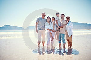 Beach, big family and portrait of grandparents, kids and parents, smile and bonding on ocean vacation mockup. Sun, fun