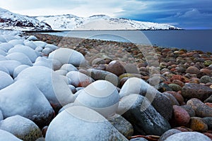 Beach with big round stones on the coast of the Barents Sea