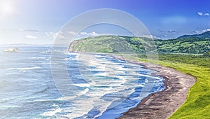 Beach with black sand and Waves in Pacific ocean shore on Kamchatka