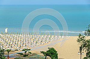 Beach of Black Sea from Albena, Bulgaria with golden sands, blue