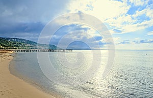 Beach of Black Sea from Albena, Bulgaria with golden sands, blue