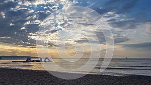 Beach of Black Sea from Albena, Bulgaria with golden sands, blue