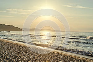 Beach of Black Sea from Albena, Bulgaria with golden sands, blue