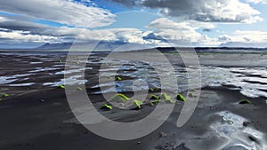 Beach with black volcanic sand in Iceland, Epic aerial view, Green grass grow in black sand, Unearthly landscape, Ocean