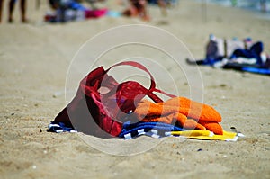 Beach Blanket and Tote on the Sand in the Outer Banks