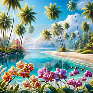 Beach Bliss: AI-Crafted Tropical Coastline with Palm Trees and Floral Splendor