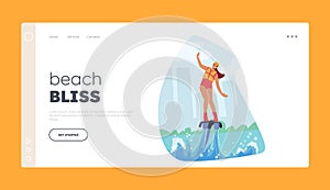 Beach Bliss Landing Page Template. Female Character Flying On Flyboard, Hovering Over The Water's Surface