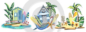 The beach blue cabin is wooden, striped with surfboards, trees and palm leaves, a wave and a starfish. Hand-drawn