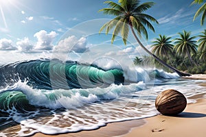 Beach blue waves, white sand, palm trees, blue sky