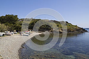 Beach with boats in Cadaques, Spain