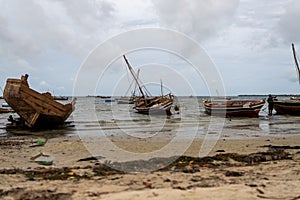 Beach with boats in Mocimboa da Praia in Cabo Delgado Province, Mozambique photo
