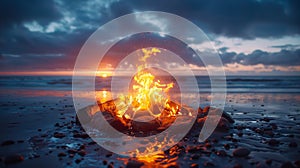 beach bonfire, cape cod, dusk time after sunset