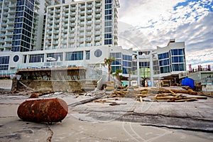 Beach buildings seawalls damaged by heavy surf from Hurricane Nicole Daytona Beach Florida