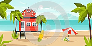 Beach bungalow house background. Cartoon tropical landscape with sand and water, tropical coast with palm trees, idyllic