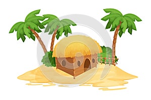 Beach bungalow, tiki hut with straw roof, bamboo and wooden details on sand in cartoon style isolated on white