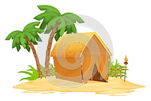 Beach bungalow, tiki hut with straw roof, bamboo and wooden details on sand in cartoon style isolated on white
