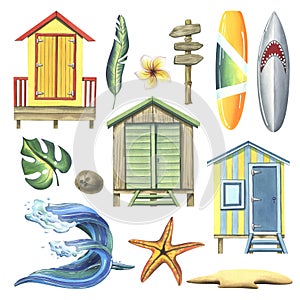Beach cabines with surfboards, coconut palm, starfish, sandy island and sea wave. Watercolor illustration. A set of