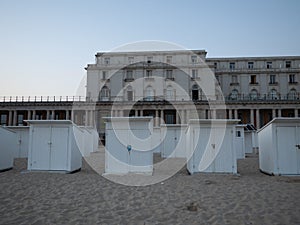 Beach cabins in Ostend with the royal gallery in the background