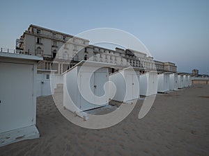 Beach cabins in Ostend with the royal gallery in the background