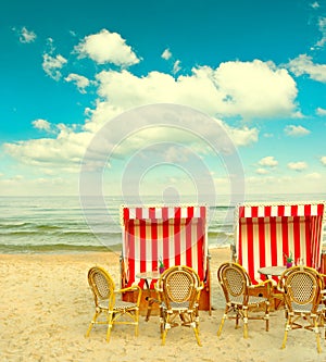 Beach cafe on the Baltic Sea. lanscape with cloudy blue sky