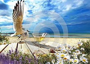 Beach cafe and glass of wine on wooden  table seascape seagull and seashell , sea water blue sky white clouds  and ocean summer na