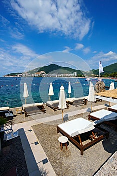 beach cafe interior on the seashore in a resort town, blue sunny sky, background of travel during vacation