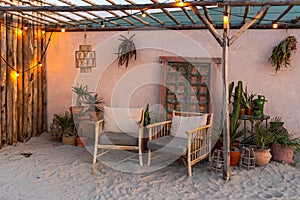 Beach cafe at sunset, Zandvoort coastline, North Holland, Netherlands