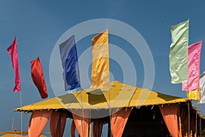 Beach cafes in South Goa.  Facade decoration with flags and fabrics.  Simple exterior