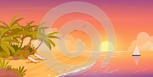 Beach calm sunset, tropical travel vacation in summer tropical island seaside landscape
