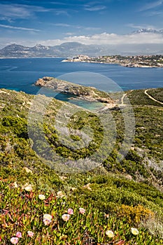 Beach, Calvi, sea and mountains from La Revellata in Corsica