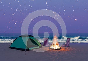 Beach Camping with Bonfire Under Starry Sky