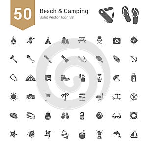 Beach & Camping Icon Set. 50 Solid Vector Icons.