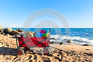 Beach cart with luggage and dog