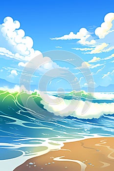 beach cartoon illustration big waves and big blue sky puffy clouds travel poster style