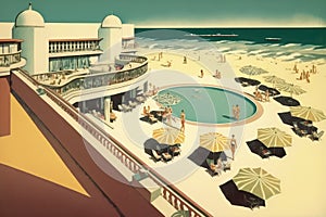 beach casino, with sunbathers and swimming pool in the foreground