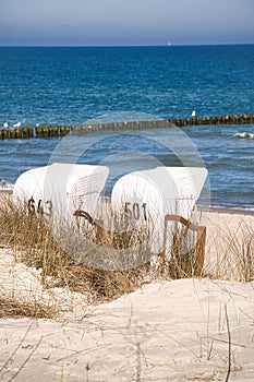 Beach chair on the beach of the Baltic Sea in Zingst. Sun, blue sky