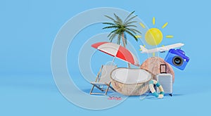 Beach chair, coconut tree, blue swimming ring, suitcase, plane, blue camera and sun set on blue background in summer theme.3d