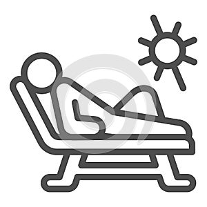 Beach chair and a man relaxing in sun line icon, Aquapark concept, Man sunbathing sign on white background, Person