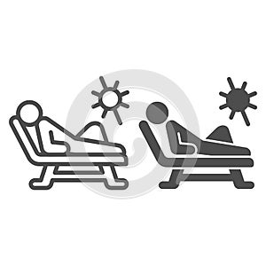 Beach chair and a man relaxing in sun line and solid icon, Aquapark concept, Man sunbathing sign on white background