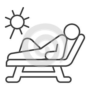 Beach chair and a man relaxing in sun thin line icon, Aquapark concept, Man sunbathing sign on white background, Person