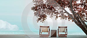 Beach Chair on Morning Sunny Day. Empty Couple Chair on Deck by Seaside. Harmony, Vacation and Relaxation in Summer Concept. Wide
