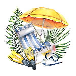 Beach chair with parasol, mask, snorkel and fins for swimming, beach ball and tropical palm leaves. Watercolor