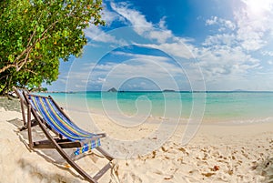 Beach chair on perfect tropical sand beach, Phi Phi Island, Thai