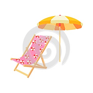 Beach chair, sunbed and umbrella. Beach set for summer trips. Vacation accessories for sea vacations